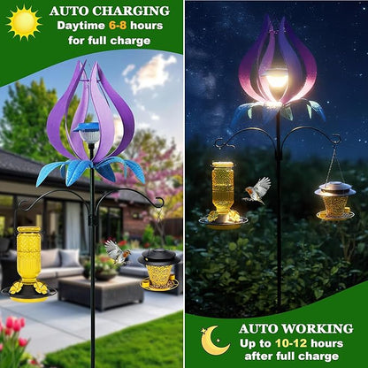 Multi-Functional Yard Wind Spinners with Solar Lights Outdoor Garden,YNGFIL Large Ornaments Outdoor with Double Shepherds Hooks and Coconut Fiber Liner Hanging Planters (83 in)
