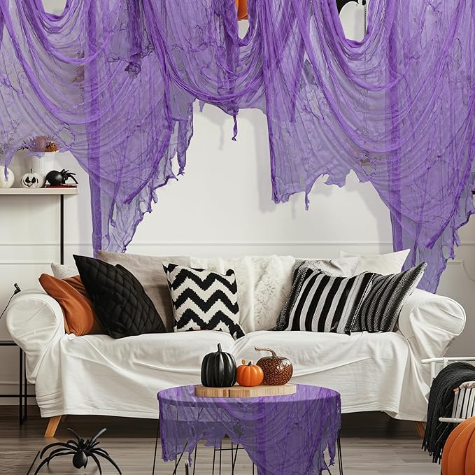RunNico 197'' x 85'' Halloween Purple Scary Gauze, Purple Haunted House Creepy Cloth, Spooky Fabric Hanging Decoration for Horror Themed Party Supplies Indoor Outdoor Wall Yard Doorway Porch Decor