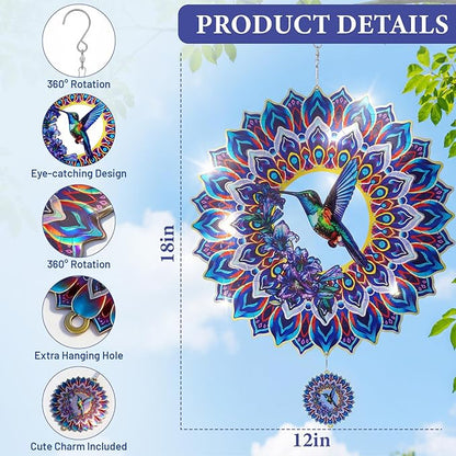 Hummingbird Mandala Wind Spinner, IDEA SHOW 12In 3D Kinetic Metal Wind Spinners, Hummingbird Gift for Women, Mom, Garden & Yard Decor Outdoor/Indoor Decoration, Dynamic Art Hanging Sculpture (12In)
