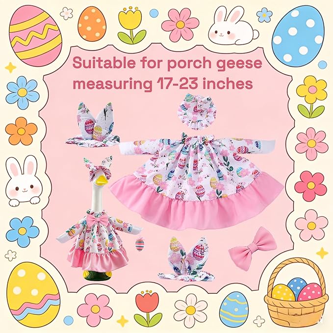 Easter Outfit for Porch Goose, Bunny Ear Hat with Easter Egg, Pink Dress Fit 17-23 Inch Goose Decoration, Holiday Costume for Front Porch Lawn Garden