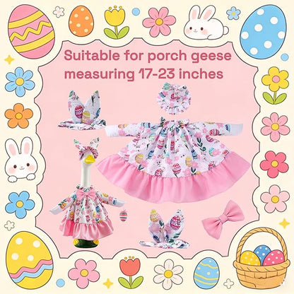 Easter Outfit for Porch Goose, Bunny Ear Hat with Easter Egg, Pink Dress Fit 17-23 Inch Goose Decoration, Holiday Costume for Front Porch Lawn Garden