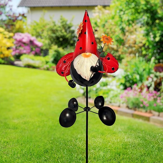 HONGLAND Gnome Metal Yard Art, Gnomes Garden Statue Outdoor Decor, 48 inch Gnome Decorations 360 Degrees Swivel Wind Spinner for Outdoor Patio Garden Backyard Décor - Ladybug