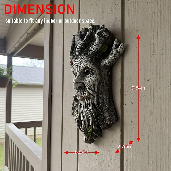 Old Man Tree Face Hugger Outdoor Decor, Handmade Tree Art Resin Statue with Foliage & Mushroom Details, Whimsical Hanging Yard Art for Garden Wall Fence