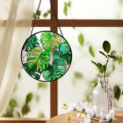 Monstera Leaf Plant Suncatchers Stained Glass Window Hanging, Monstera Decor Sun Catchers Indoor Window Glass Round Wall Decor, Plant Lovers Gifts Wall Hanging Decorations, 7.9x7.9in