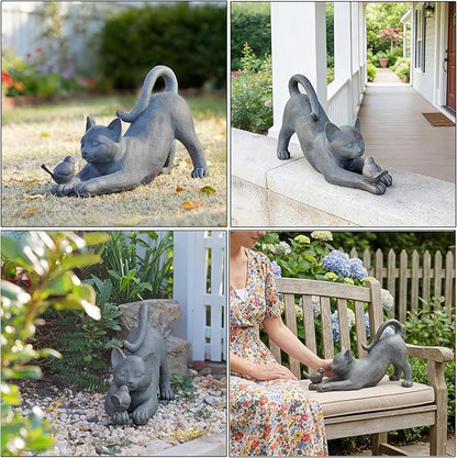 Cat Garden Statues Outdoor Cat-Figurines - Home Garden Decor 16 x 6 x 9.5 inch Resin Cats & Bird Playing Sculpture Statue for Farmhouse Outside Backyard Lawn Gift for Kitten Lovers Newman House Studio