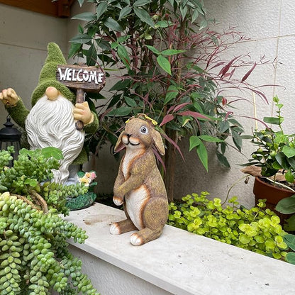 Bunny Outdoor Statues, Resin Rabbit Yard Statue Home Garden Decoration Adorable Bunny Statues Wearing Flower Crown, Outdoor Bunny Statue Lucky Rabbit Mom Gifts