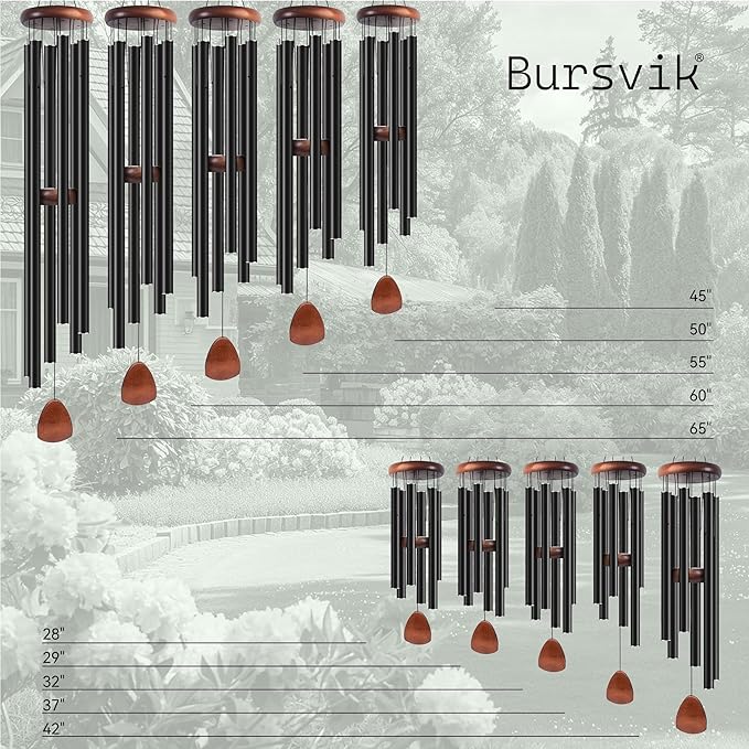 Bursvik Large Aluminium Wind Chimes 37" to Create a Zen Atmosphere Suitable for Outdoor, Garden, Patio Decoration. Classic Black Wind Chime with Wind Catcher Suitable as A Gift for Mom Neighbor Unisex