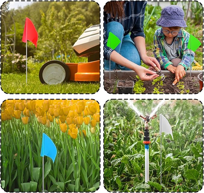 Zozen 100Pack Marking Flags, Red & Green & Blue & White, Writable / 15x4x5 Inch, Yard Flags for Lawn & Irrigation & Landscape & Sprinkler & Survey & Dog Training.