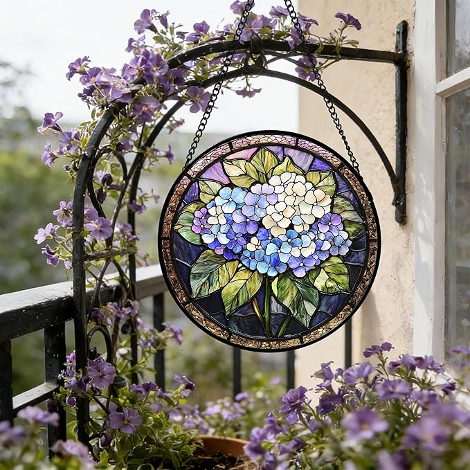 DASTOLL Stained Glass Window Hanging, Hydrangea Flowers Sun Catchers Diamond Glass Panel Hangings Plant Suncatcher Decor for Birthday for Women, Men, Wife, Aunt, and Mom 14.9x14.9 in