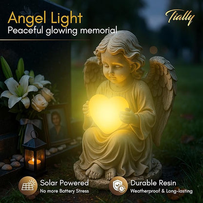 TIALLY Solar Garden Angel Statue – Praying Guardian Angel Statue Light for Outdoor Yard Decor, White Resin Garden Sculpture with Soft Glow for Angels Memorial or Cemetery Use