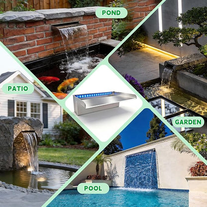 LONGRUN Stainless Steel Waterfall Spillway, APP Control Multi-Color LED Light Outdoor Pool Fountain, Water Spillway Koi Pond Waterfalls Fountains Kit for Garden Patio Swimming Pool Decoration-35.4"