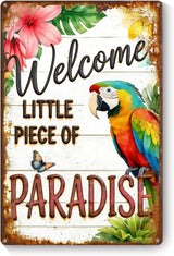Garden Signs for Outside Welcome to Our Little Piece of Paradise, Funny Metal Signs for Home Garden Patio Yard, Retro Gardening Gifts for Women, Wall Decor 12" x 8"