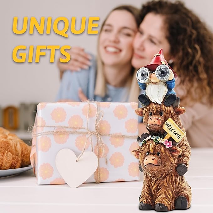 Garden Gnomes Outdoor Statue: 11'' Highland Cow Decor with Welcome Sign Funny Triple Yard Decorations with Solar Light Unique Birthday Gifts for Women Mother Grandma