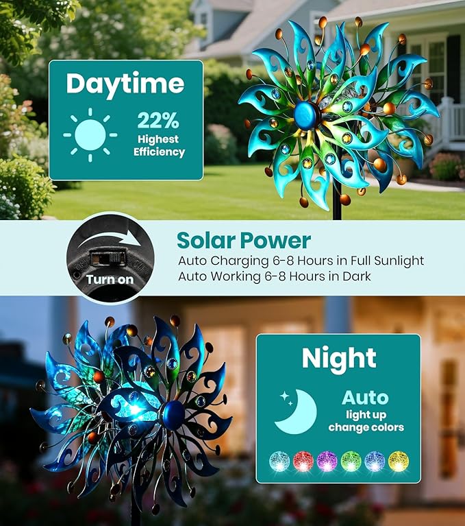 Solar Wind Spinners Outdoor – H63xW13 Metal Kinetic Garden Spinner with Crackle Glass Ball & Built-in Solar Panel – Peacock-Style Yard Wind Sculpture with LED Light