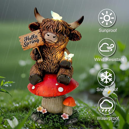 Smadeer Highland Cow Garden Statue with Solar Butterfly Lights, Spring Outdoor Highland Cow on Mushroom Butterfly Decoration for Yard, Patio, Lawn, Cows Figurine Housewarming Gift for Women, Mom