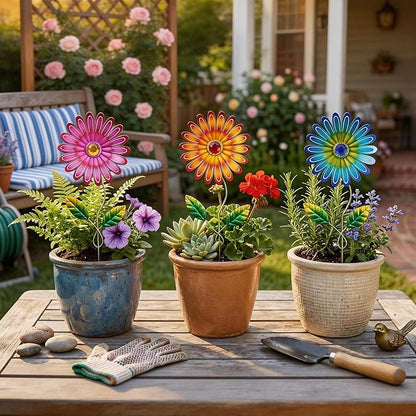 Metal Flower Garden Stakes 3 Pcs, Weatherproof Rust Resistant Yard Art for Outdoor Patio Lawn Pathway Decorations