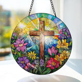 Bimkole Cross Stained Glass Suncatcher Window Hanging - Flowers Indoor Window or Doorway Decoration - Handmade Sun Catcher Decor for Garden Home Christmas & Birthday Gifts 7.87x7.87 Inch
