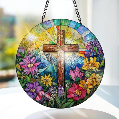 Bimkole Cross Stained Glass Suncatcher Window Hanging - Flowers Indoor Window or Doorway Decoration - Handmade Sun Catcher Decor for Garden Home Christmas & Birthday Gifts 7.87x7.87 Inch