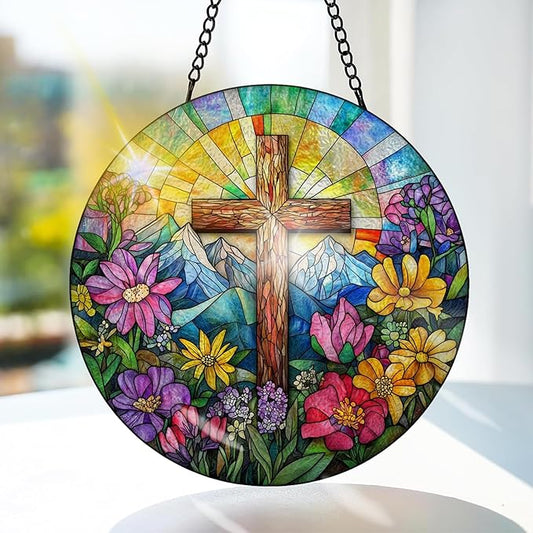 Bimkole Cross Stained Glass Suncatcher Window Hanging - Flowers Indoor Window or Doorway Decoration - Handmade Sun Catcher Decor for Garden Home Christmas & Birthday Gifts 7.87x7.87 Inch