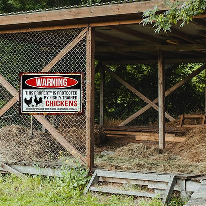 Funny Chicken Sign, Metal Chicken Coop Tin Signs, This property is protected by chickens, Yard Sign Garage Farm Garden Wall Decor Sign Plaque Outdoor for Home Fence 8 X 12 Inches