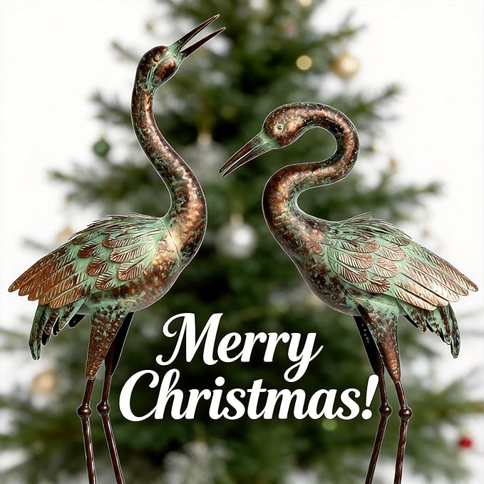 Shorayn Garden Crane Statues, Blue Heron Sculptures for Outdoor, Cranes Decor Metal Bird, Patina Garden Art Lawn Ornaments for Yard Patio Porch Outside Decorations