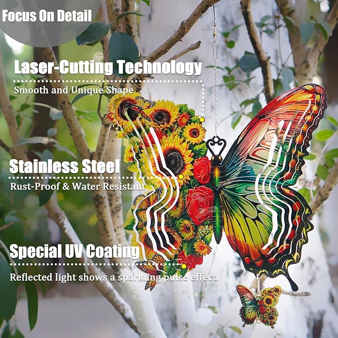 Sunflower Butterfly Metal Wind Spinners for Yard and Garden,12 Inch 3D Stainless Steel Hanging Kinetic Yard Art Wind Sculpture, Kinetic Art Garden Decor for Christmas Outdoor & Indoor