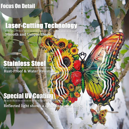 Sunflower Butterfly Metal Wind Spinners for Yard and Garden,12 Inch 3D Stainless Steel Hanging Kinetic Yard Art Wind Sculpture, Kinetic Art Garden Decor for Christmas Outdoor & Indoor