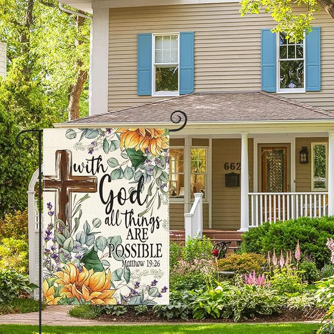 AVOIN colorlife Sunflower Spring Summer Garden Flag 12x18 Inch Double Sided Outside, With God All Things Are Possible Floral Yard Outdoor Decoration
