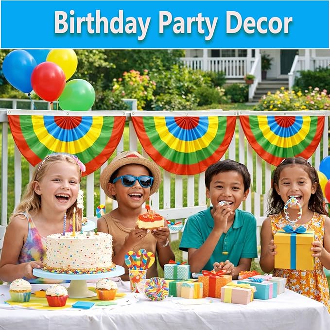 4Pack Colorful Bunting Flags Decor Birthday Party Classroom 2x4 Ft Bright Color Bunting Pleated Half Fan Bunting Banner Decor Outside Summer Party with Canvas Header Brass Grommets Mexican Themed Multi-Color Stripes Bunting Decoration Party Garden Porch