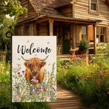 Welcome Spring Highland Cow Garden Flag Highland Cow with Flowers Burlap Yard Flag Seasonal Summer Bull Butterfly House Banner for Farmhouse Rustic Holiday Outdoor Decor 12x18 Inch