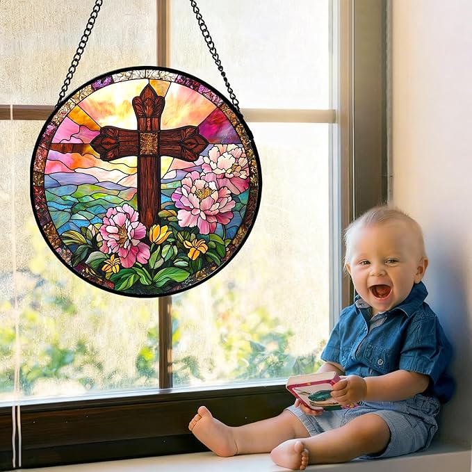 Christian Gifts for Women - Cross Stained Glass Window Hanging Jesus Easter Pink Flower Peony Sun Catcher Garden Religion Decor Mother's Day Catholic Gift for Men Grandma Mom Her Nana 6.3"