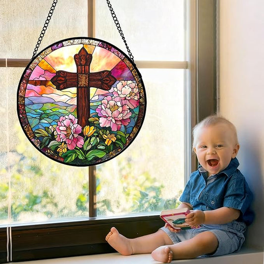 Christian Gifts for Women - Cross Stained Glass Window Hanging Jesus Easter Pink Flower Peony Sun Catcher Garden Religion Decor Mother's Day Catholic Gift for Men Grandma Mom Her Nana 15"