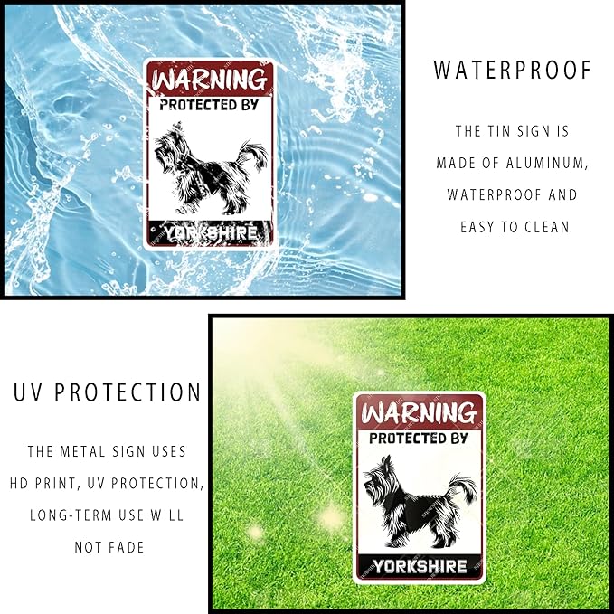 snowsun Warning Metal Signs Protected by Yorkshire Dog Tin Sign for Home Garden Yard Street Wall Decor 8×12 Inches