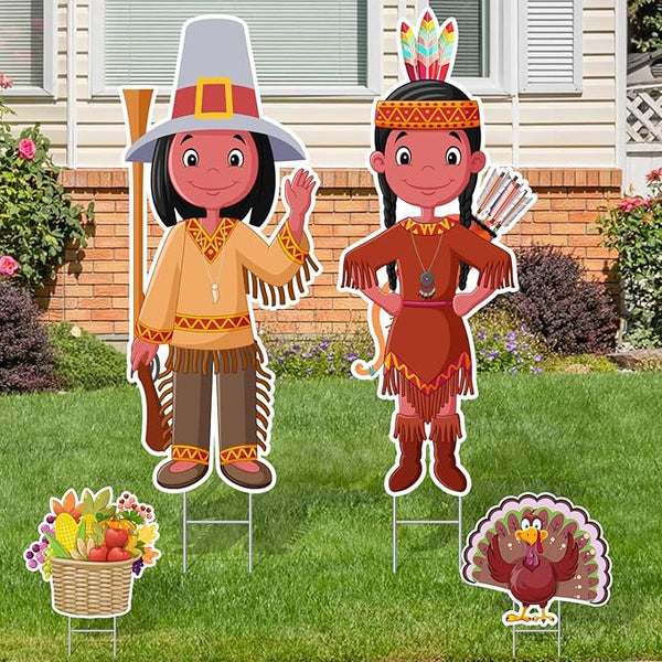 Thanksgiving Yard Signs with Stakes, Includes Pilgrim, Native American, Turkey,Cornucopia Fall Outdoor Decorations for Home Outdoor Yard Patio Lawn Decor, Garden Decorations