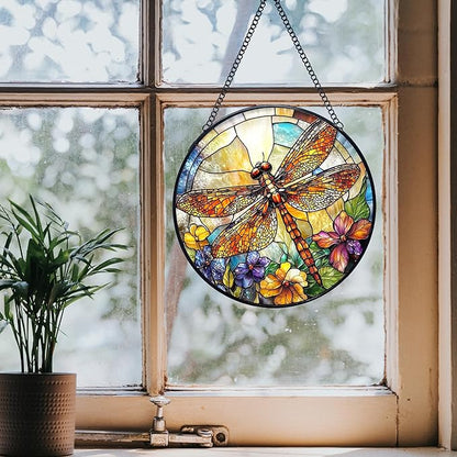 Dragonfly Flower Stained Glass Window Hanging Suncatchers, Dragonfly Sun Catchers Indoor Window Glass Wall Art Decor, Nature Insect Floral Wall Hanging Decorations Sculptures, 7.9x7.9in