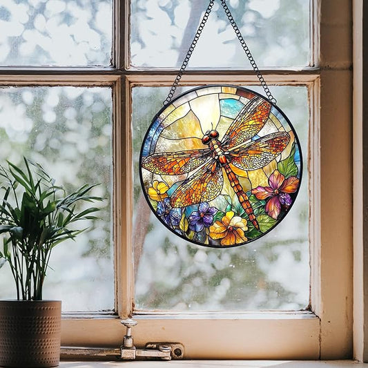 Dragonfly Flower Stained Glass Window Hanging Suncatchers, Dragonfly Sun Catchers Indoor Window Glass Wall Art Decor, Nature Insect Floral Wall Hanging Decorations Sculptures, 7.9x7.9in