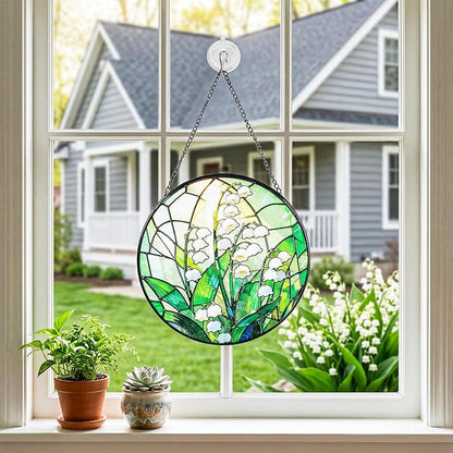 Stained Glass Window Hanging, Lily of the Valley Suncatcher 7.8 in Sun Catcher Boho Wall Art Decor with Chain Diamond Glass Panel Hangings Scenery Sun Catchers Decor for Lover Couple Mom