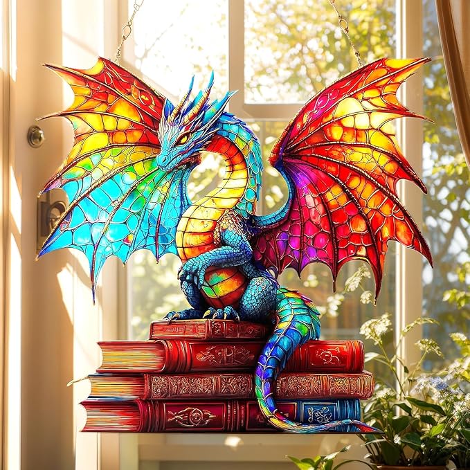 Bookish Dragon Acrylic Suncatcher, Bookish Suncatchers for Window Hanging Ornament, Art Garden Decor for Book Lover Reader Bookworm, Gifts for Mother's Day, Mom, Grandma, Wife, Women, Nana