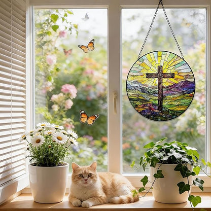 Stained Glass Cross Mountains Suncatcher, 8 Inch Christian Stained Glass Window Hanging, Religious Sun Catchers Indoor Window, Nature Landscape Ornaments Home Garden Decor Easter Faith Christian Gift