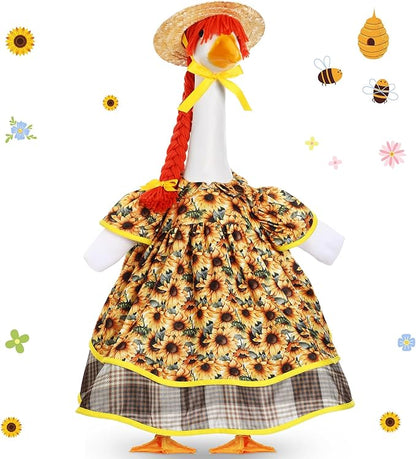 FuWeave Spring Goose Outfit Sunflower Lawn Porch Cement Goose Sunmer Clothes Skirts Hat Wig Forgarden Outdoor Patio Yard Statue Art Decor(Cherry,23 Inch)