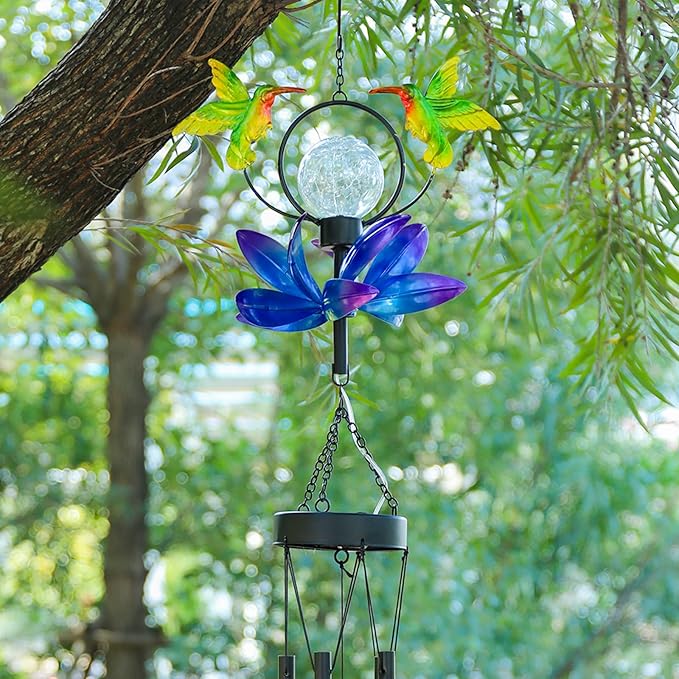 Taman Solar Wind Chime - 35"Hummingbird Solar Lights Wind Chimes Valentine's Day Gift with Spinner for Outside Deep Tone Decorative Memorial Gift for Home, Outdoor, Yard, Patio, Balcony, Garden Decor