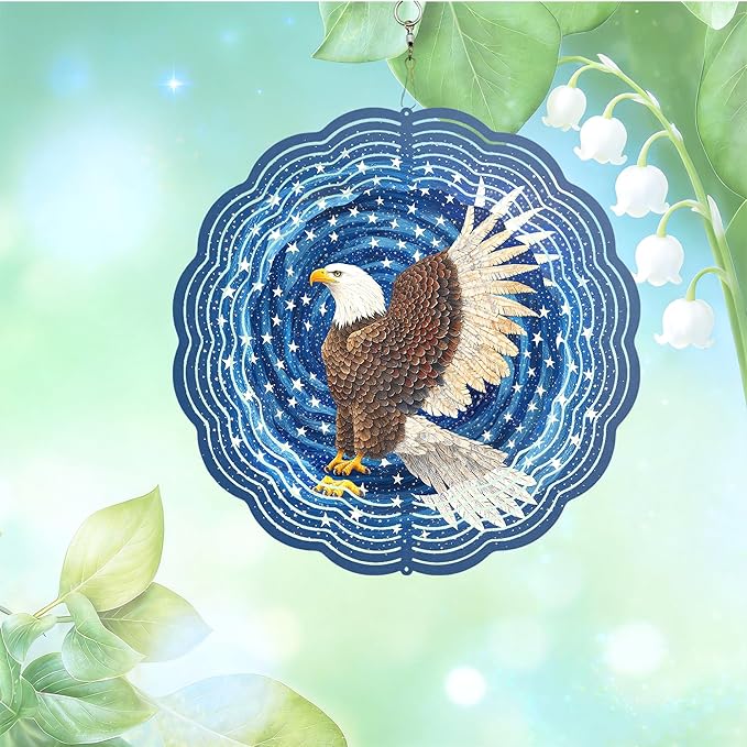 10x10 Inch Wind Spinner Outdoor Hanging Eagle Stars Swirl Metal Kinetic Spiral Ornament for Yard Garden Patio Porch Balcony Tree Window Hanging Decor Gift