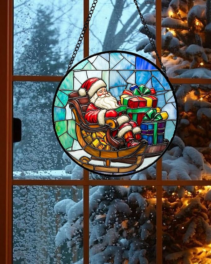 DASTOLL Stained Glass Window Hanging - Santa Claus Gift BoxSuncatcher for Doors Home Christmas Decoration Winter Sun Catcher Thanksgiving New Year Birthday Gift for Women Men Mom Nana 11.8 in