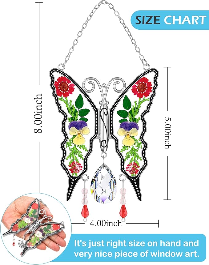 KY&BOSAM Crystal Butterfly Suncatchers Stained Glass Sun Catcher for Window Haning Wind Chime with Dried Flowers and Colorful Rainbow Prisms Charms for Mom Birthday Christmas Decor
