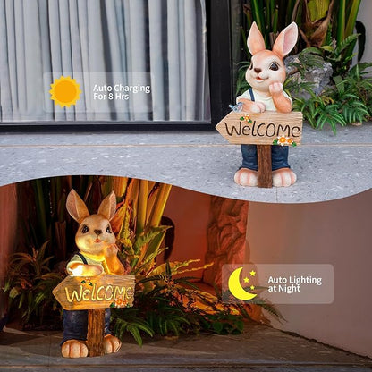 22" Solar Large Rabbit Statue Garden Decor Resin Standing Bunny Statue with Welcome Sign Outdoor Easter Decorations for Porch Patio Lawn Yard Gardening Gifts for Mom Women, Blue Rabbit