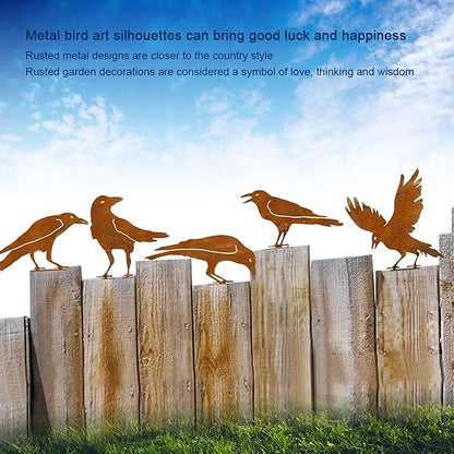 5PCS Rusty Metal Birds Decoration, Outdoor Fence Yard Decor, Metal Bird Art, Fence Decorations Outdoor, Rustic Garden Decor, Garden Sculptures Statues, Lawn Ornaments (Raven)
