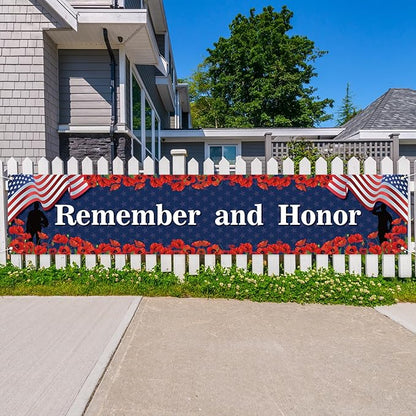 Rvsticty Memorial Day Decorations Remember and Honor Banner for Fence Yard Lawn Red White Blue Independence Day Decor 4th of July Memorial Day Decorations and Supplies for Home Party