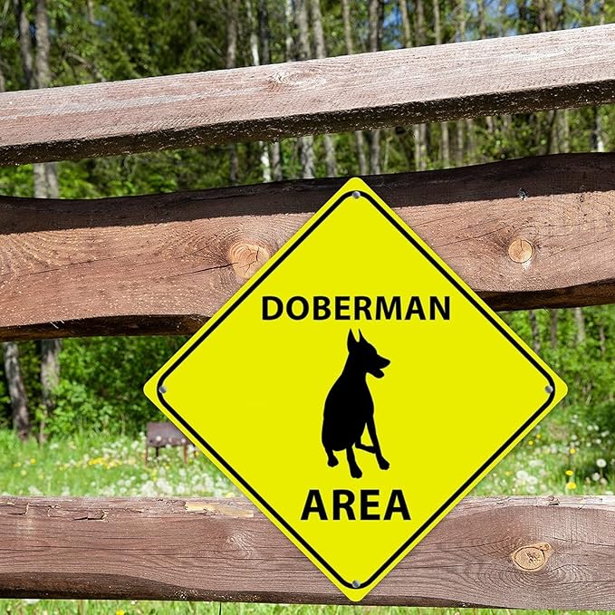 Warning Doberman Area Aluminum Metal Sign Doberman Dog Caution Crossing Xing Street Sign Yellow Diamond Shape Funny Metal Sign For Indoor Outdoor 10x10in
