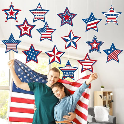 Ferraycle 16 Pcs 4th of July Decorations Outdoor Patriotic Tree Ornaments Memorial Day Hanging Ornaments Large Red White Blue Star Double Sided Plastic Slice for Tree Yard Porch Independence Day Decor