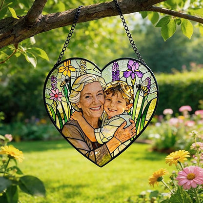 Personalized Grandma Photo Stained Glass Sun Catcher, Customized Family Suncatcher Window Hanging Ornament, Custom Picture Mother's Day Mom Mother in Law, Garden Birthday